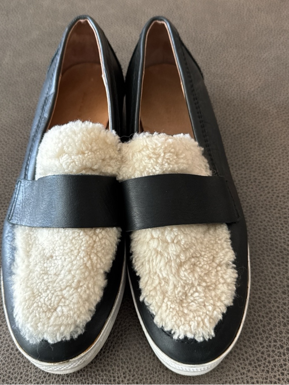 Women’s Black Leather Loafers with Cream Shearling Accent